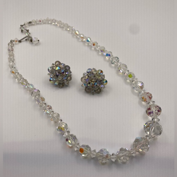 Aurora Borealis AB Single Strand Faceted Crystal Glass Choker Necklace Earrings - Picture 3 of 9